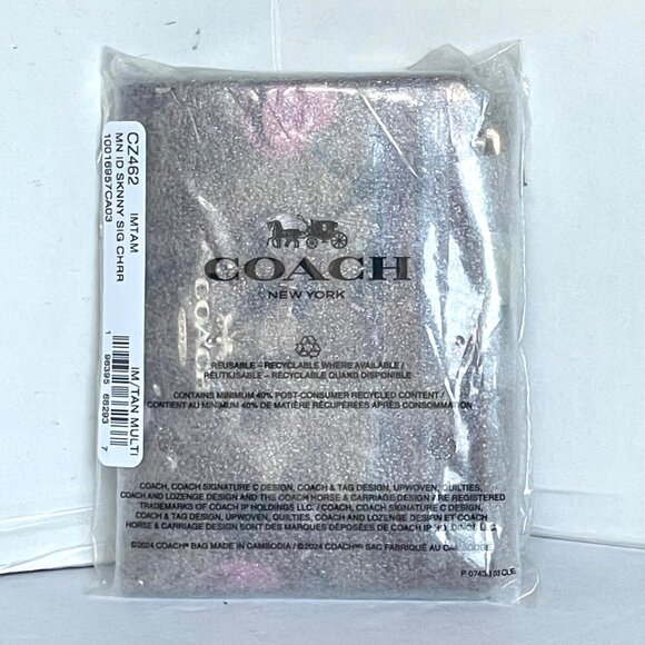 Coach Mini Skinny ID Wallet Cherry Red CZ462 Keyring Signature Brown Canvas - Picture 2 of 8